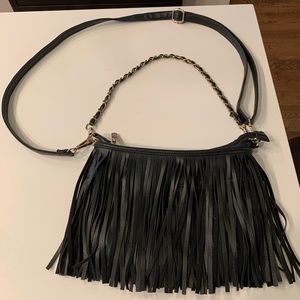 Black faux leather fringe crossover purse
